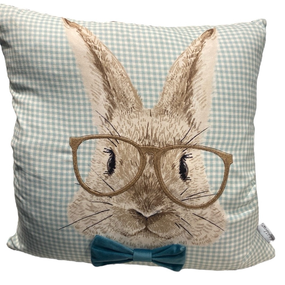 Loving Kindness Bunny With Glasses and Bow Tie Pillow, Size 20” x 20”